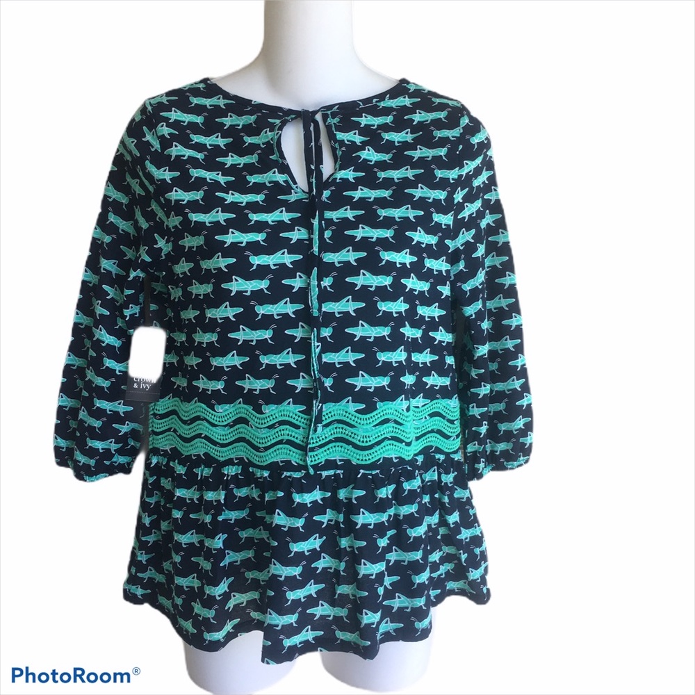 Navy Jade Grasshopper Pint Top Crown & Ivy PP 3/4 Sleeves Cotton Blend NWT